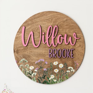Wildflower Nursery Sign, Personalized 3D Round Wooden Name Sign, Boho Floral Baby Decor