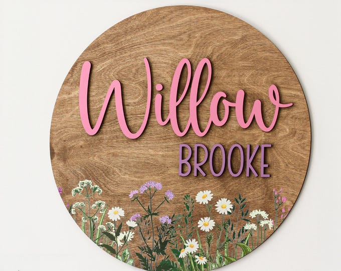 Personalized Wooden Baby Room Sign, Floral Name Plaque, Custom Nursery Wall Art (Walnut Stain)