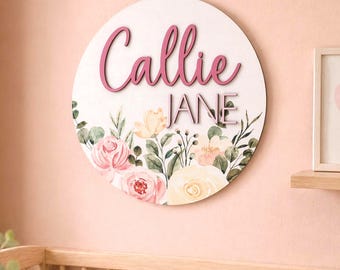 Baby Namensschild rund l Kinderzimmer Mädchen Zeichen l Boho Blumenmuster l Aquarell Rosen l Blumenkinderzimmer Zeichen l rundes Holzschild mit Blumenmuster