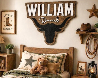 Western Bull Horn Name Sign, Rustic Nursery Decor, Rodeo Sign