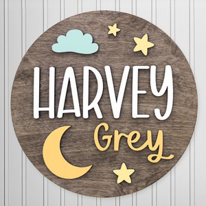 Personalized Moon and Stars Wooden Name Sign for Baby and Kids, Nursery Boy Sign, Round Name Sign, Custom Girl Name Sign