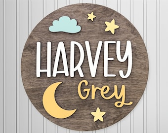 Personalized Moon and Stars Wooden Name Sign for Baby and Kids, Nursery Boy Sign, Round Name Sign, Custom Girl Name Sign