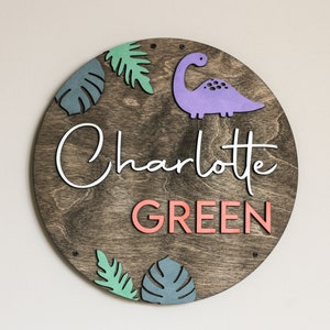 Dinosaur Sign with Name l Custom Name Sign l Baby Name Sign l Boy and Girl Custom Nursery Sign l Boy Nursery Name l Round Name Sign