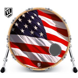 Custom Bass Drum Head with 4&quot; Port Ring - American Flag waving