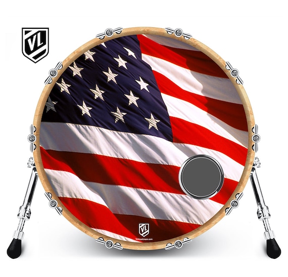 Custom Bass Drum Head With 4 Port Ring American Flag Waving 