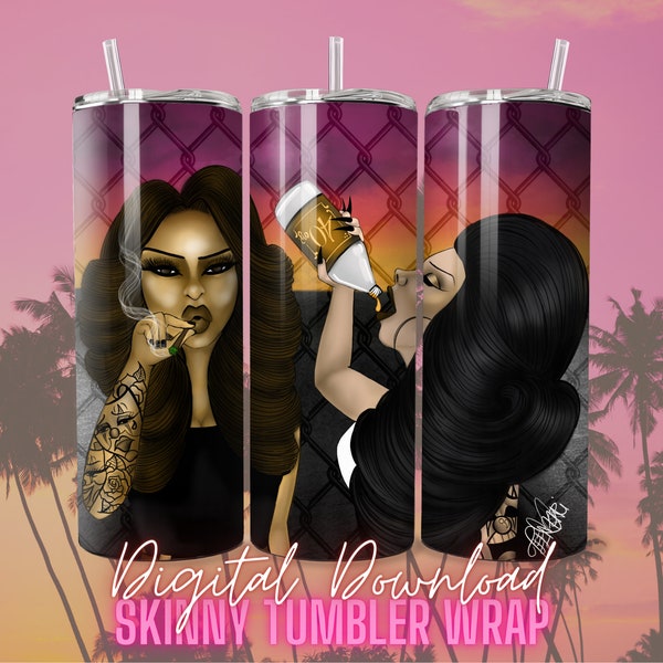 West Coast Sunset Homegirls Skinny Tumbler Sublimation Wrap Art Design PNG File Instant Download Template Chicana Chola westside