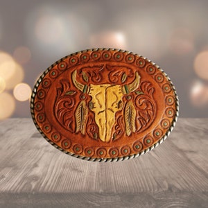 Western Belt Buckle - Skull & Feathers - Hand Tooled Leather