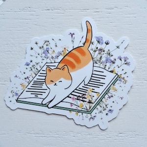 Cat on Book Sticker, Cat Book Sticker, Orange Cat Sticker, Floral Book Sticker, Book Lover Sticker