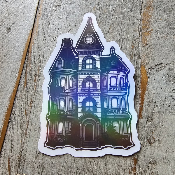 Holographic Hunted House Sticker, Spooky House, Gothic House Stickers, Halloween Stickers