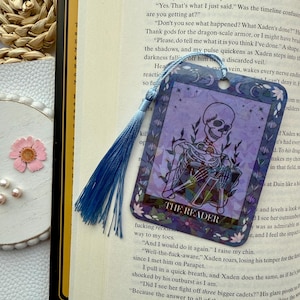 The Reader Skeleton Tarot Card Bookmark, Holographic Bookmark with Tassel, Page Marker, Double Sided Bookmark