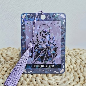 The Reader Skeleton Tarot Card Bookmark, Holographic Bookmark with Tassel, Page Marker, Double Sided Bookmark