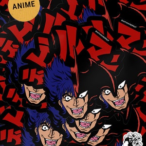 Op de afbeelding: Een set zwarte en rode anime-personage stickers met een blauw en zwart personage in het midden. De stickers tonen een personage met scherpe tanden en een dreigende uitdrukking. De stickers zijn chaotisch gerangschikt en hebben de tekst "ANIME" en "@ANTHONYRESPECT" erop.