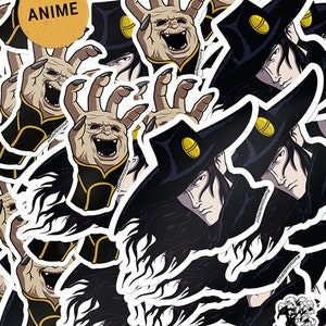 May include: Multiple black and white stickers featuring a character from the anime series "Hellsing". The character is a vampire with long black hair, wearing a black hat with a gold trim and a black coat. The character's hand is outstretched with long, sharp claws. The stickers are arranged in a random pattern.