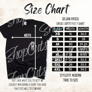 Gildan 64000 Size Chart Black | Gildan Softstyle T-Shirt Size Chart | Gildan Size Chart PNG