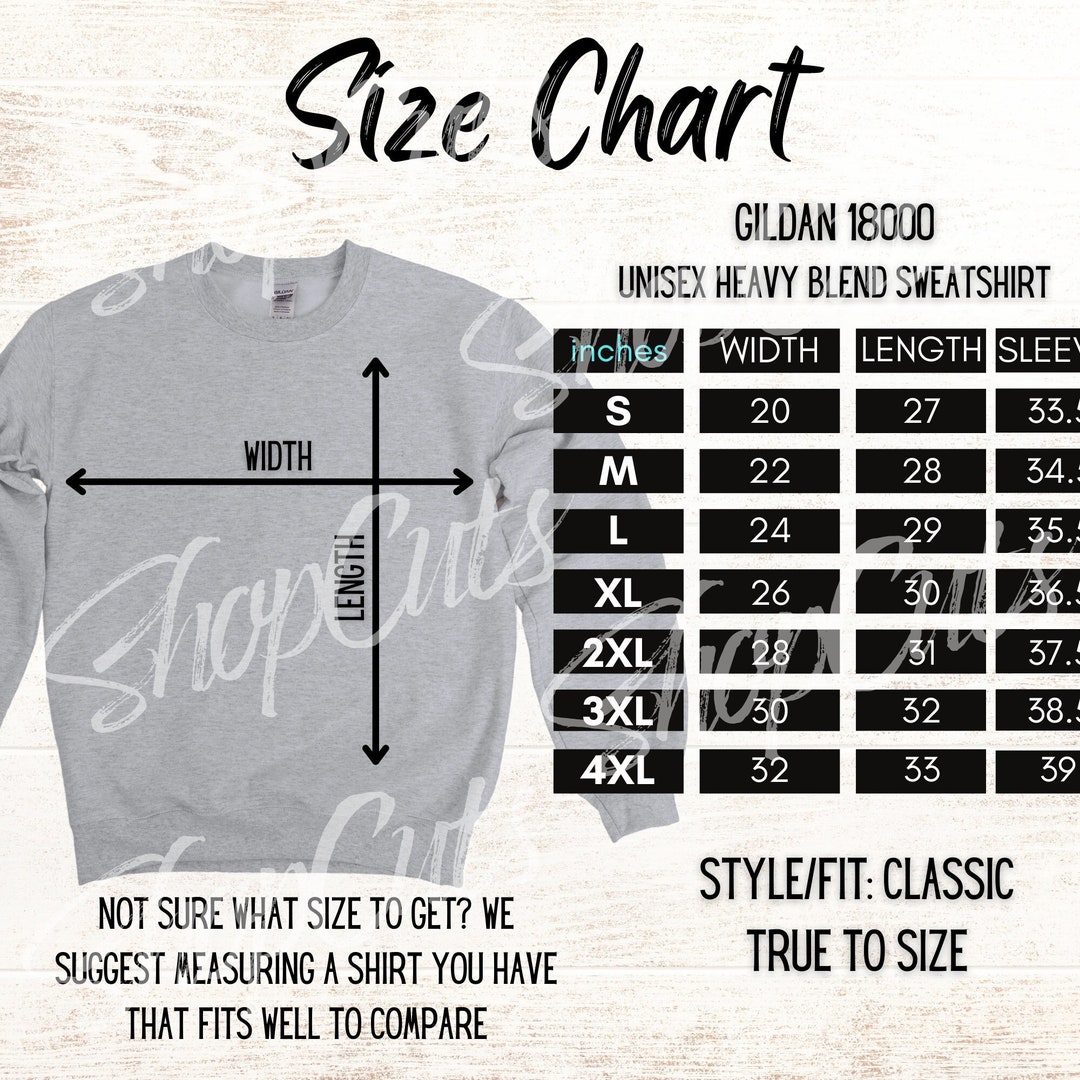 Gildan 18000 Size Chart Gildan Sweatshirt Size Chart - Etsy