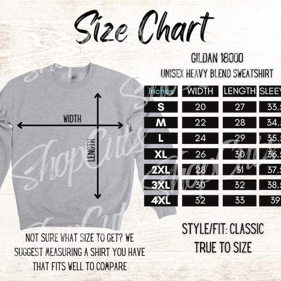 Gildan 18000 Size Chart Gildan Sweatshirt Size Chart - Etsy