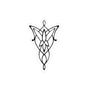 May include: A black and white sticker featuring the Evenstar symbol from The Lord of the Rings. The design is a stylized, symmetrical shape with a central floral element and flowing lines, perfect for fans of the fantasy series.