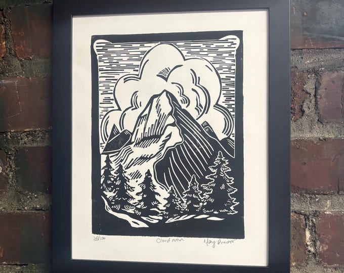 Cloud Mountain Forest Handprinted Linocut