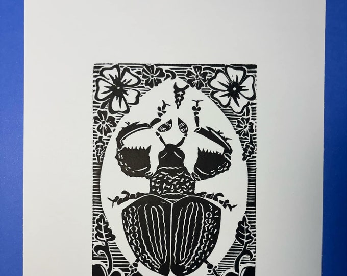 Beetle with Flowers 1 Handprinted Linocut