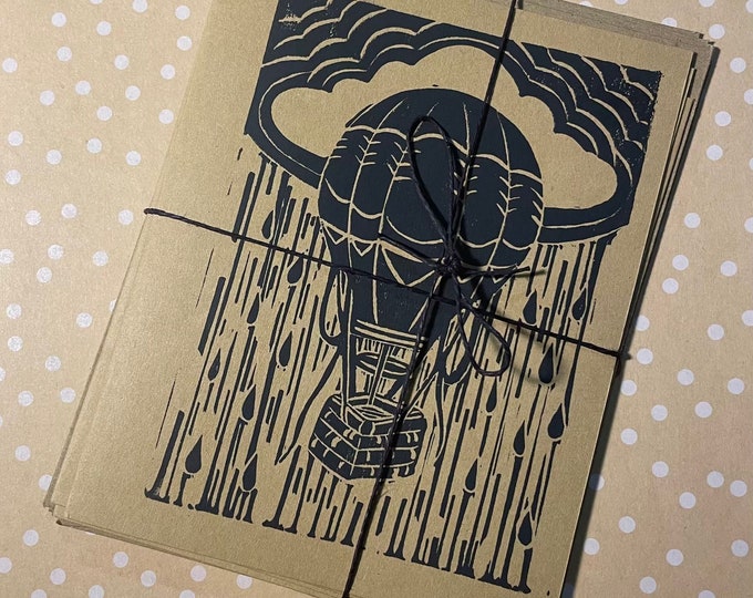 Hot Air Balloon Linocut Folded Notecards & Envelopes 4 Pack