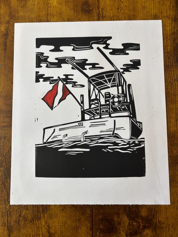 Diver Down SCUBA Flag Boat Dive Nautical Sea Handprinted Linocut Relief Print