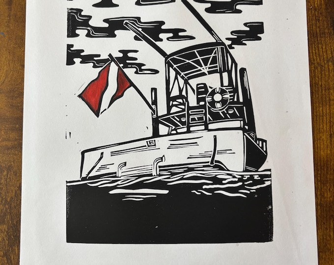Diver Down SCUBA Flag Boat Dive Nautical Sea Handprinted Linocut Relief Print
