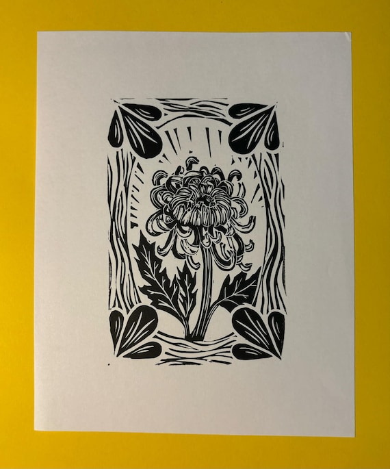 Floral Flower Botanical Linocut Print Handprinted