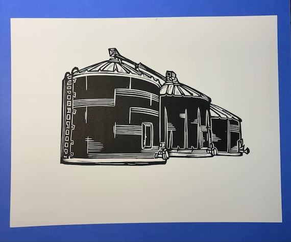Grain Silos Farm Heartland Print Handprinted Linocut Relief Print