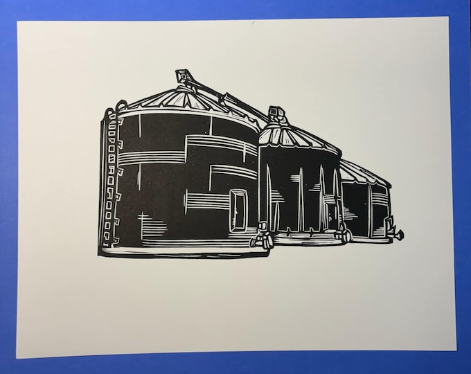 Grain Silos Farm Heartland Print Handprinted Linocut Relief Print