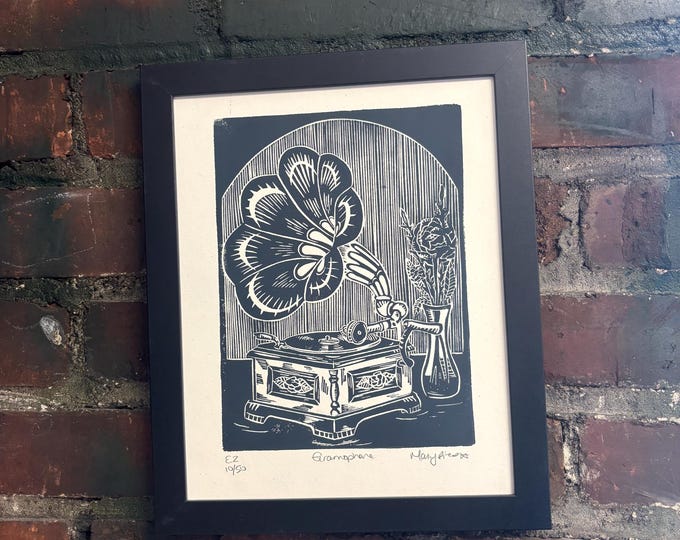 Vintage Gramophone Phonograph Record Print Handprinted Linocut Relief Print