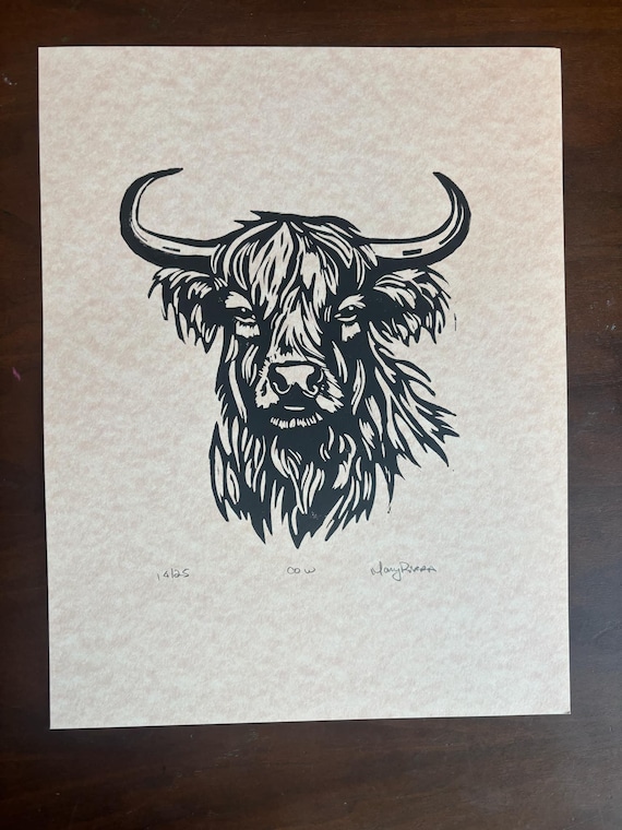 Highland Cow Cattle Farm Farmhouse Handprinted Linocut Relief Print