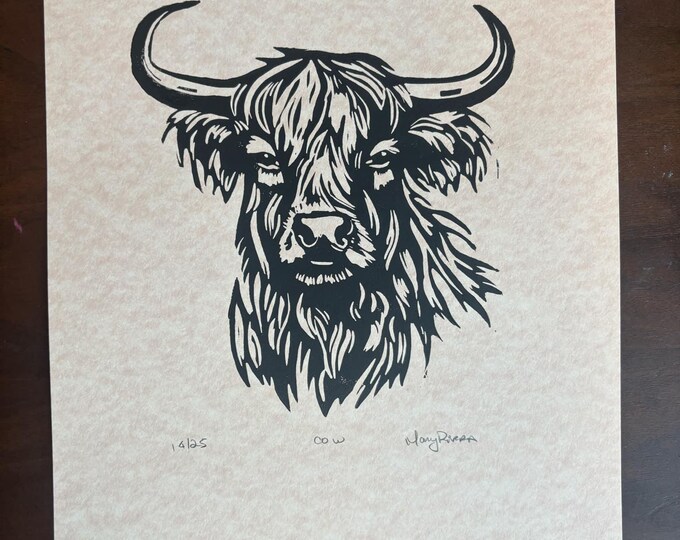 Highland Cow Cattle Farm Farmhouse Handprinted Linocut Relief Print