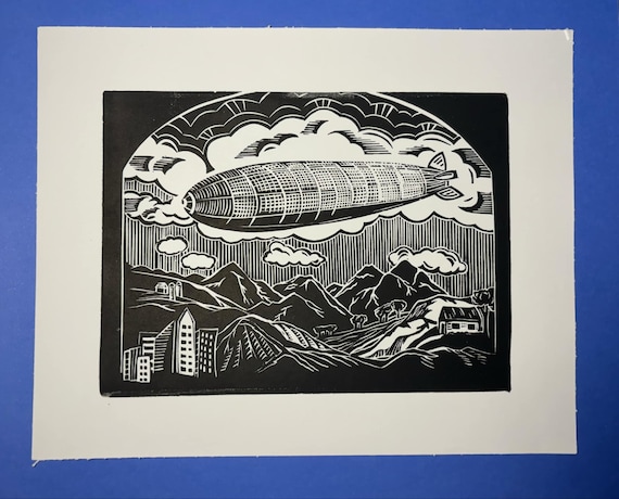 Zeppelin over Mountains & City  Print Handprinted Linocut Relief Print