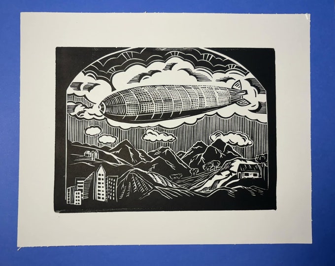 Zeppelin over Mountains & City  Print Handprinted Linocut Relief Print
