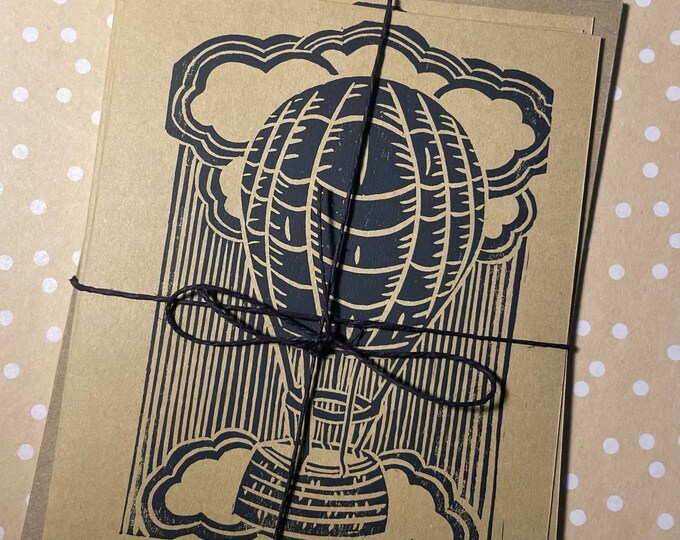 Hot Air Balloon Linocut Folded Notecards & Envelopes 4 Pack