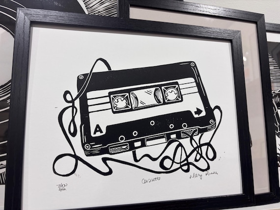 Cassette Handprinted Linocut Relief Print