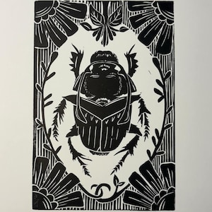 Beetle with Flowers 2 Handprinted Linocut