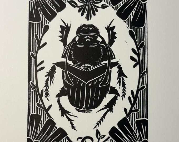 Beetle with Flowers 2 Handprinted Linocut