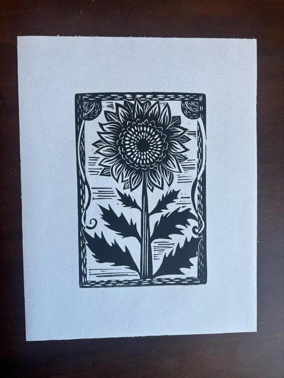 Sunflower Flower Botanical Linocut Print Handprinted