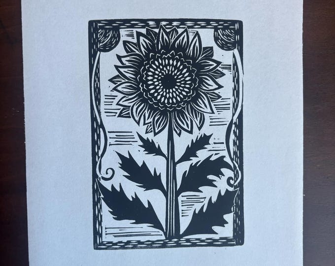 Sunflower Flower Botanical Linocut Print Handprinted