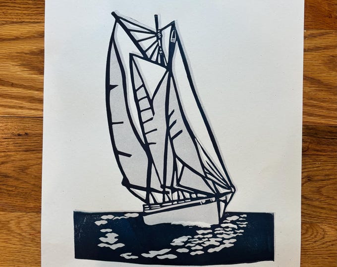 Sailboat Schooner Double Mast Adirondack Handprinted Relief Print