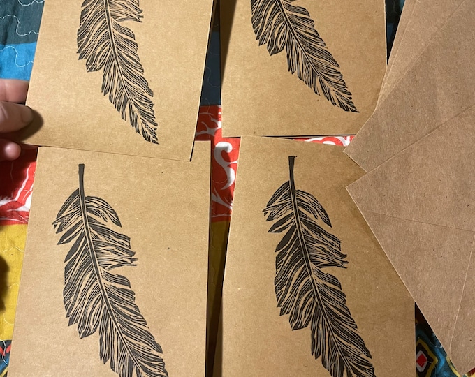 Package of 4 Four Feather Handprinted Blank full-size 4x6 Notecards + Envelopes