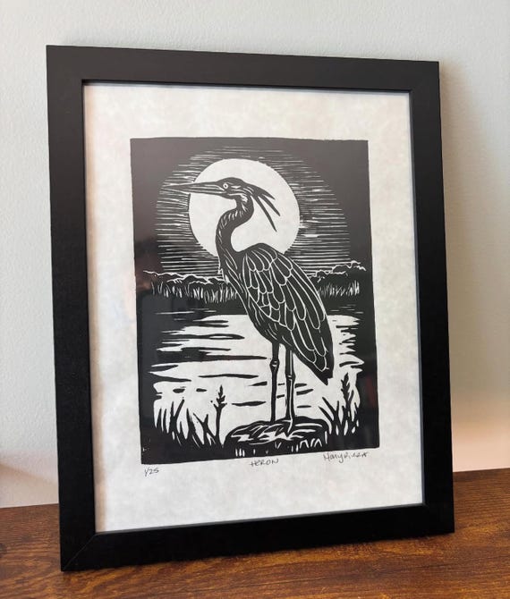 Great Heron Bird Waterbird Appalachian Blue Ridge Handprinted Linocut Relief Print