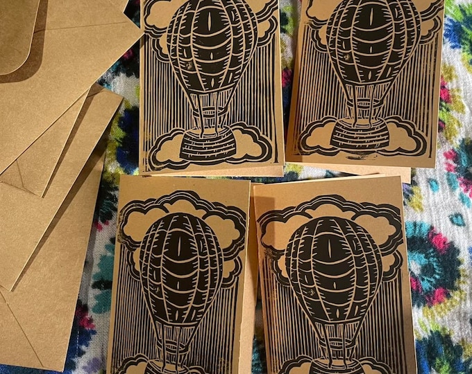 Package of 4 Whimsical Hot Air Balloon Clouds Handprinted Blank Notecards + Envelopes