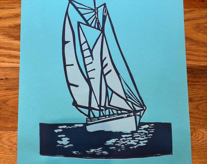 Sailboat Schooner Double Mast Adirondack Handprinted Relief Print