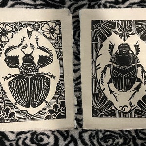 Handprinted Linocut Set of 2 Beetles on handmade recycled paper 5x7 choose ink color