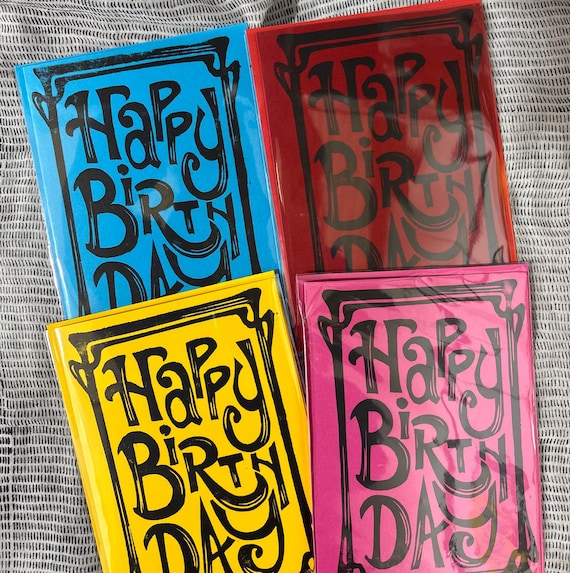 Happy Birthday Handcarved Linocut Handprinted Greeting Card