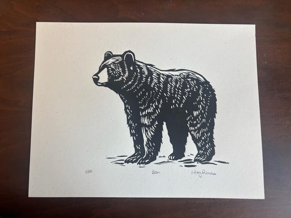 Bear American Black Bear Appalachian Blue Ridge Handprinted Linocut Relief Print