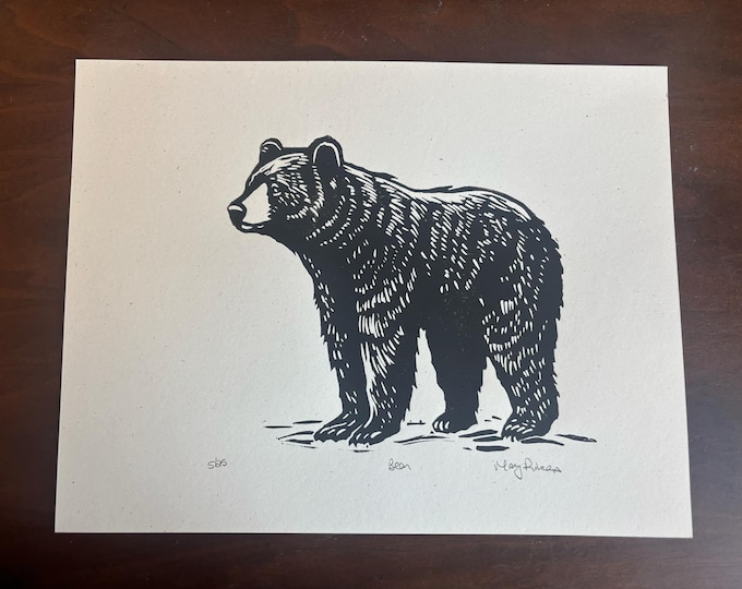Bear American Black Bear Appalachian Blue Ridge Handprinted Linocut Relief Print