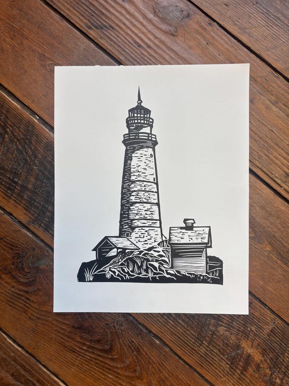 Boston Harbor Lighthouse Handprinted Relief Print